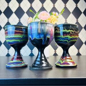 Studio Pottery Goblets‎ Stoneware| Signed D. Lesser Set of 3, Tie & Dye Organic